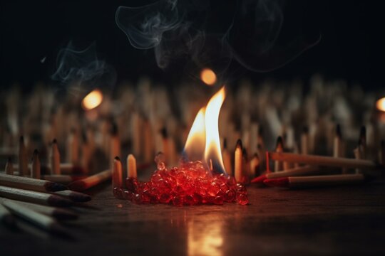 Valentine's heart matches burning in amor fire, lit by Cupid's arrow on February 14 background. Generative AI