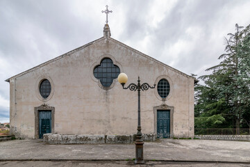 The rear facade of the ancient basilica of San Flaviano in Montefiascone, Italy