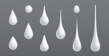 White cream droplet fall realistic 3d vector set. Liquid cosmetic drop of clear coconut oil closeup illustration isolated on transparent background. Glossy yoghurt melt leaking drip collection.
