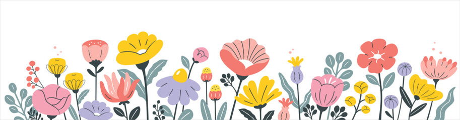 Spring garden flowers banner, botanical flat vector illustration on white background. - obrazy, fototapety, plakaty