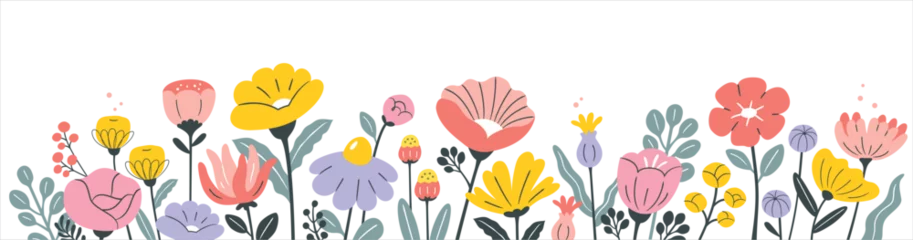 Gardinen Spring garden flowers banner, botanical flat vector illustration on white background. © littleWhale