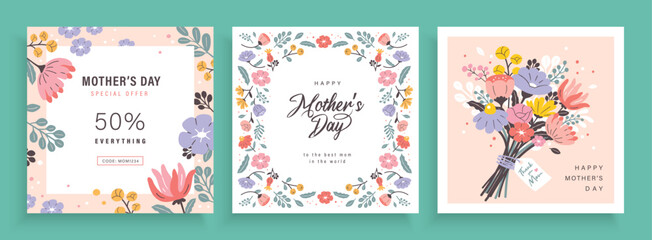 Set of Mother's day greeting cards with beautiful blossom flowers. - obrazy, fototapety, plakaty