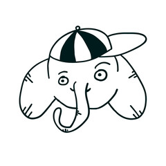 Elephant with cap. Vector illustration in outline doodle style isolated on white background.