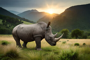 rhino in sunset - obrazy, fototapety, plakaty