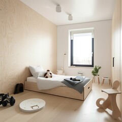 Vue intérieur d'une chambre d'enfant moderne avec un lit d'enfant et jouets d'enfants. Style scandinave, matériaux bois. Vue lumineuse.