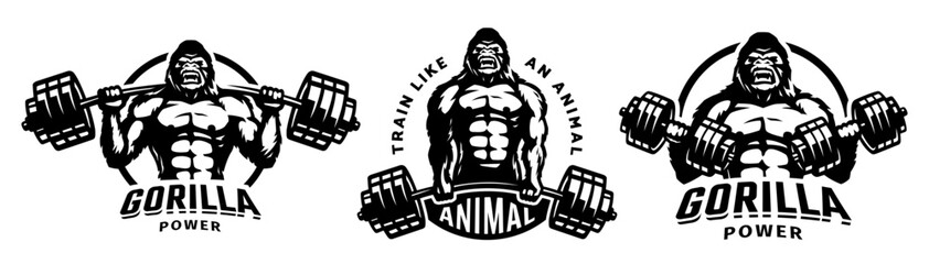 Gorilla bodybuilder. Set of bodybuilding and fitness logos. Vector illustration. - 596575099