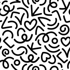 Black and white 90s decorative doodle squiggle seamless pattern. Simple childish scribble backdrop print