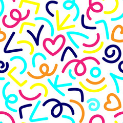90s colorful squiggle kid seamless pattern. Decorative abstract colorful line doodle seamless pattern