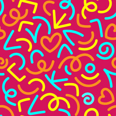 90s colorful seamless pattern squiggle fun. Decorative abstract colorful line doodle seamless pattern on magenta background