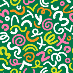 90s fun squiggle colorful line doodle seamless pattern. Decorative childish doodle style backdrop