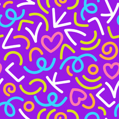 Fototapeta na wymiar 90s colorful squiggle kid seamless pattern. Decorative abstract colorful line doodle seamless pattern on violet background
