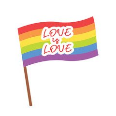 Love is love text. LGBT Pride Logo. Badge Logo with LGBT Rainbow Illustration. Creative Vector Design Element for Pride Month Logo, Square Banner, Social Media Post Template.