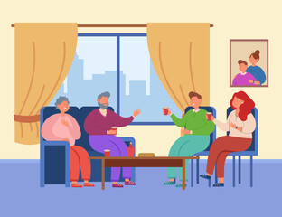 Married couple and parents drinking tea together in living room. Happy young and old couple at family gathering or reunion vector illustration. Family, togetherness, celebration concept