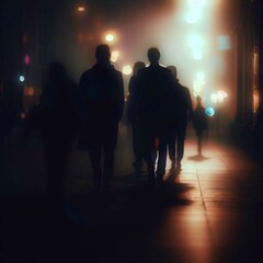 People walking through a city street at night