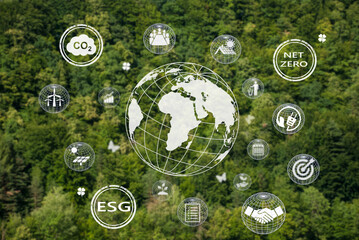 Ikony net zero w widoku z góry lasu dla środowiska naturalnego neutralnego pod względem emisji dwutlenku węgla oraz dla klimatu. Strategia długoterminowa cele emisji gazów cieplarnianych. - obrazy, fototapety, plakaty