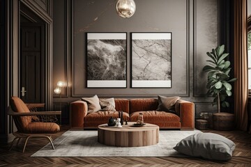 Living room with marble and brown color scheme featuring a poster. Generative AI