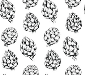 Vector monochrome pattern with a sketch of artichokes on a white background. Texture with drawn vegetables with hatching.