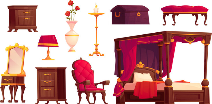 Victorian bedroom interior with vintage royal red furniture. Classic princess bed, retro mirror and armchair for baroque castle room. Isolated medieval english home indoor design on white background