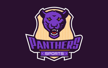 Sports logo with panther mascot. Colorful sport emblem with panther, puma mascot and bold font on shield background. Logo for esport team, athletic club, college team. Isolated vector illustration