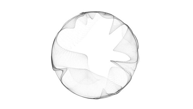 Futuristic spherical equalizer for music on white background. Frequency of particle collisions under the influence of noise. 3D rendering.