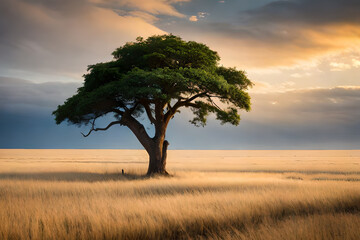 tree in the field at sunset