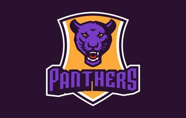 Sports logo with panther mascot. Colorful sport emblem with panther, puma mascot and bold font on shield background. Logo for esport team, athletic club, college team. Isolated vector illustration