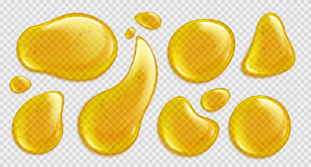 Gold honey or yellow argan oil vector droplet set. Isolated realistic 3d yellow serum liquid drop stain with bubble top view. Keratin cosmetic fluid puddle illustration on transparent background. - obrazy, fototapety, plakaty