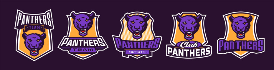 Set of sports logos with panther mascots. Colorful collection sports emblem with panther mascot and bold font on shield background. Logo for esport team, athletic club. Isolated vector illustration