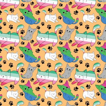 Cats LGBT seamless pattern, Vector polysexual pride background, Cat black paws, Abrosexual flag color pattern, Pride month texture