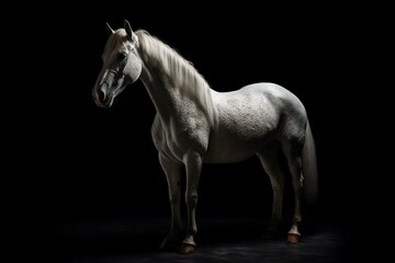 Obraz na płótnie Canvas A white unicorn in a mystical stance on a dark background, isolated with clipping path. Generative AI