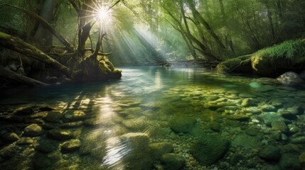 A crystal-clear stream meandering through a lush forest, with sunbeams filtering through the trees and casting dappled shadows on the sparkling water. Generative AI