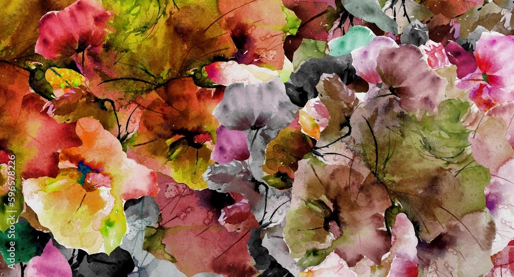 Poster computer graphics of abstract floral psychedelic background stylization of colored chaotic stickers 