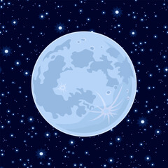 Full blue moon in the dark starry sky. Vector cartoon illustration.