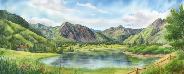 Fototapeta na wymiar Lake in mountain landscape, outdoors , blue sky, nature, trekking, vacation, summer. Generative AI,