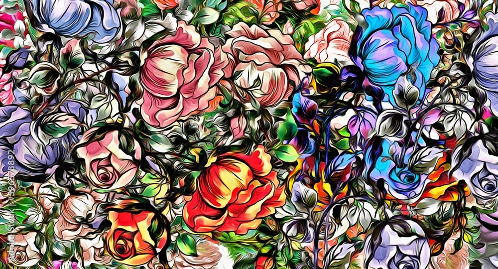 Aufkleber computer graphics of abstract floral psychedelic background stylization of colored chaotic stickers 