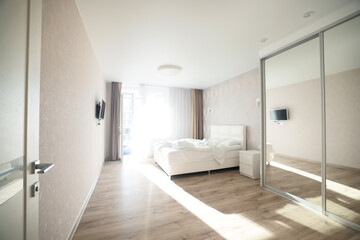 Fototapeta na wymiar bright bedroom interior hotel, white background home