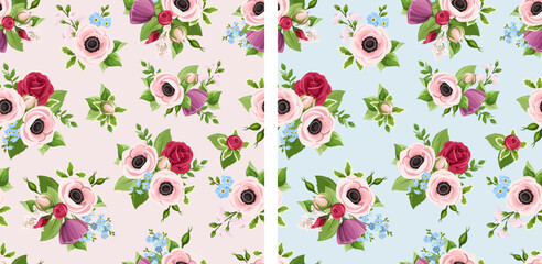 Fototapeta premium Seamless floral patterns with red, pink, purple, and blue anemones, roses, and forget-me-not flowers on pink and blue backgrounds. Set of vector floral prints