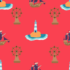 Seamless pattern with cute kid boy pirate. Cartoon child holding sword. Treasure hunt texture background. Preschooler in a pirate costume. Flat vector illustration,