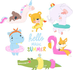 Vector Cartoon Set with Cute Animals in an Inflatable Circles