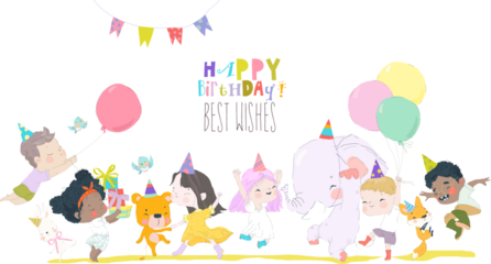 Birthday Anniversary Party with Cute Animals and Kids. Vector Illustration