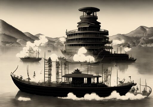 Ancient Steamboat, Generative AI Illustration
