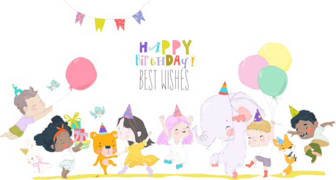 Birthday Anniversary Party with Cute Animals and Kids. Vector Illustration