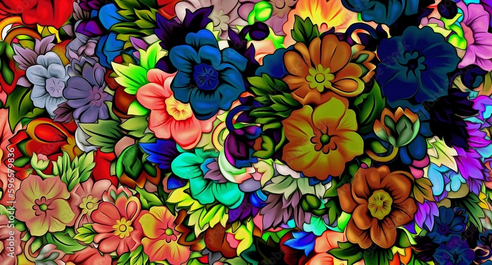 Poster computer graphics of abstract floral psychedelic background stylization of colored chaotic stickers 