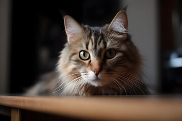 A cute young fluffy cat looks curiously from the table.
Generative AI. 