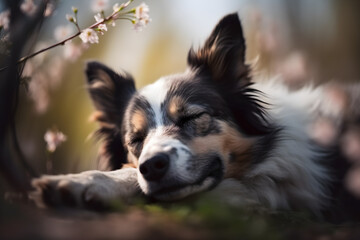 a cute dog sleeping in spring bokeh background
Generative AI. 