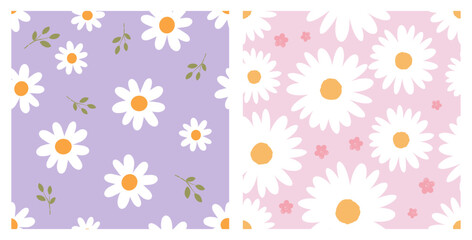 Seamless pattern with daisy flower on purple and pink backgrounds vector.