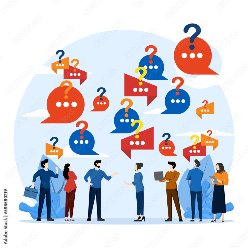 Poster concept of people who often ask questions around question marks, answers to questions metaphor. whit