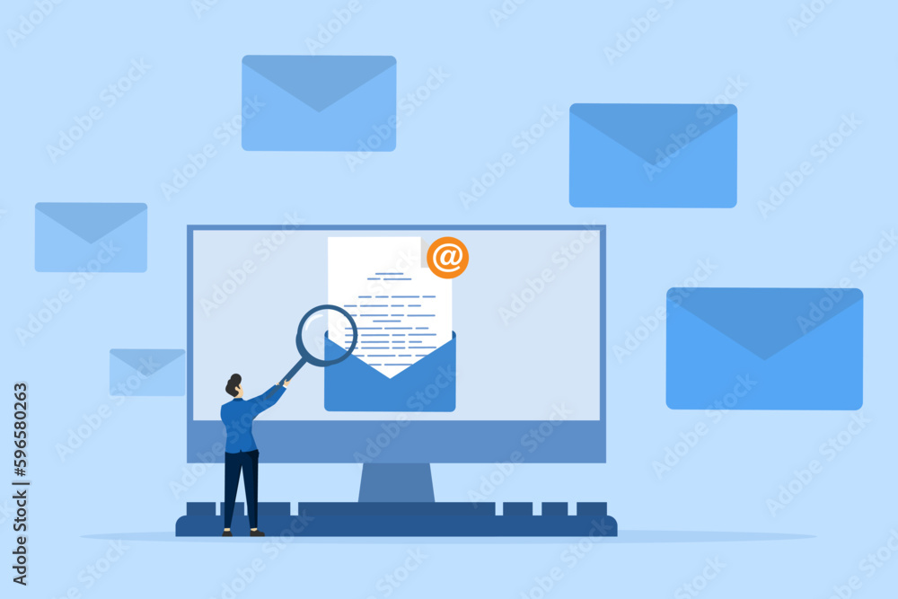 Poster illustration concept open email. receive notifications on your computer screen about new emails. doc