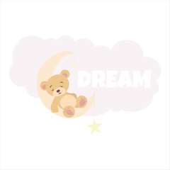  Image of a sleeping bear cub on the moon with stars and a cloud vector 