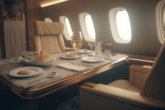 Premium First Class Airplane Experience with Fine Dining Service,  Generative AI	
